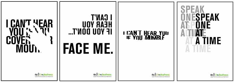 Posters from Action Deafness illustrating how it can be difficult for deaf people if you don't speak clearly.