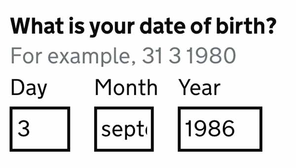 3 input fields for Day, Month, Year. Month has 'September' written in it