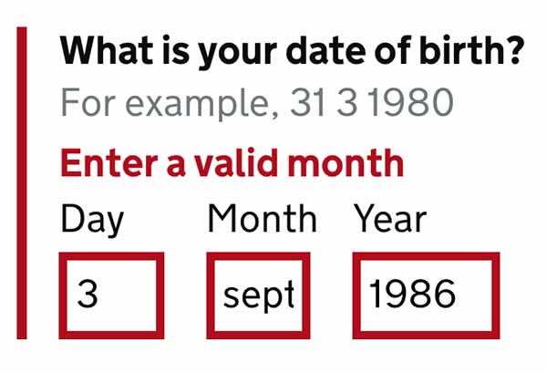 3 input fields for Day, Month, Year. Month has 'September' written in it. There is an error message that reads: Enter a valid month.