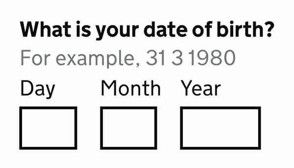 The GOVUK date component. There are 3 input fields. Day, Month, Year.