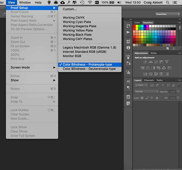 Photoshop with the view menu open showing the proof options for colour blindness