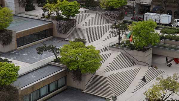 Steps with a ramp cut into them in Robson Square in Vancouver