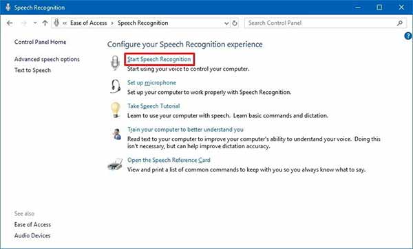 Windows speech recognition settings